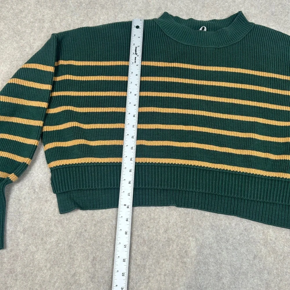 Free People Sweater Women Large Green Striped Cropped Mock Neck Balloon‎ Sleeve